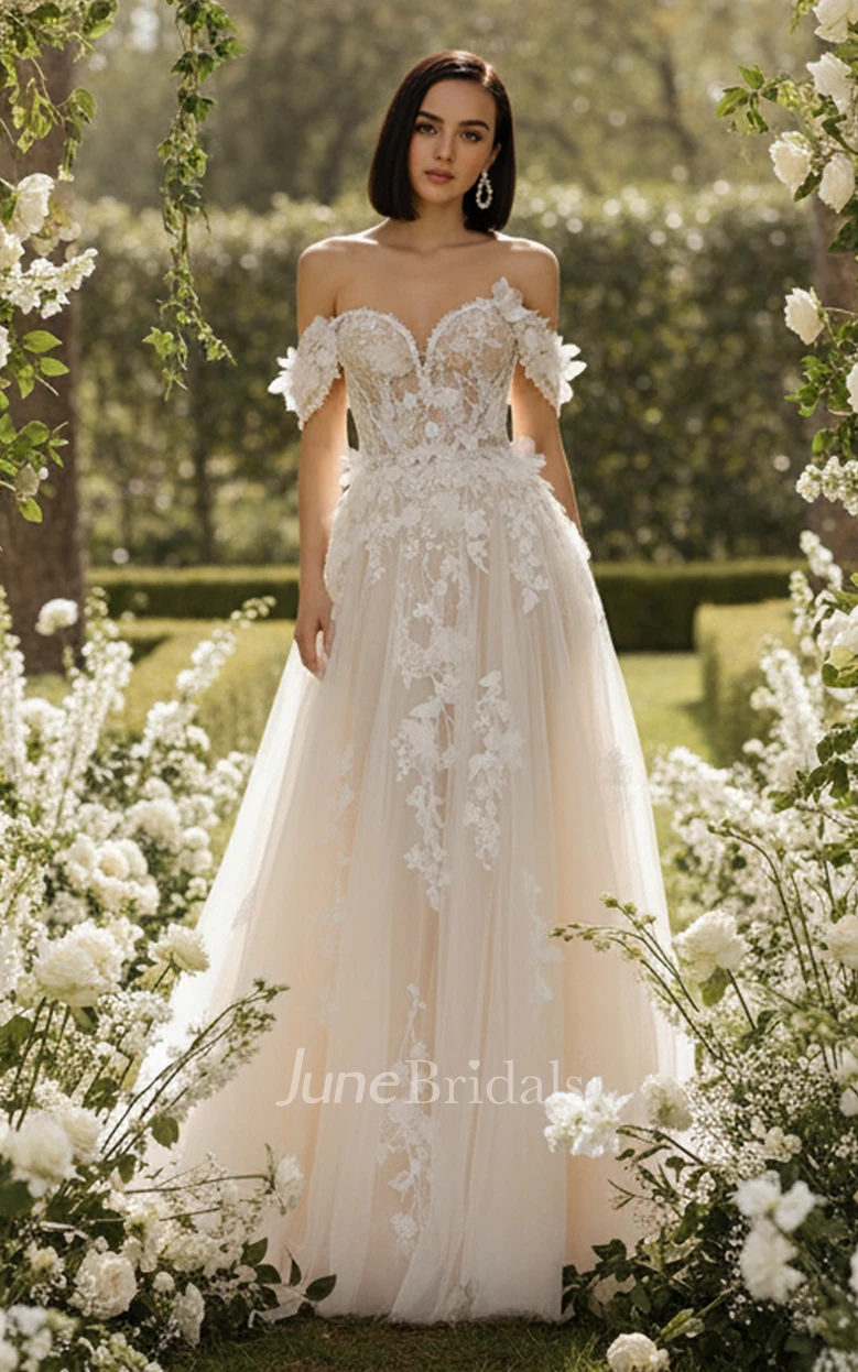 Romantic Off Shoulder A-Line Wedding Dress with Floral Lace Appliques and Tulle Skirt Garden Ceremony Bridal Gown