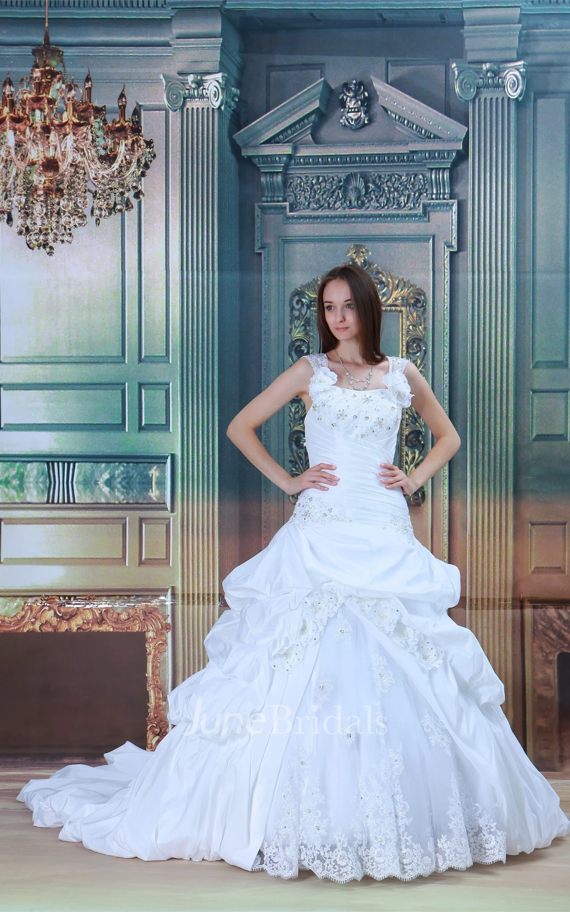 lace pick-up ball a-line strapped gown with pick-up design and beading