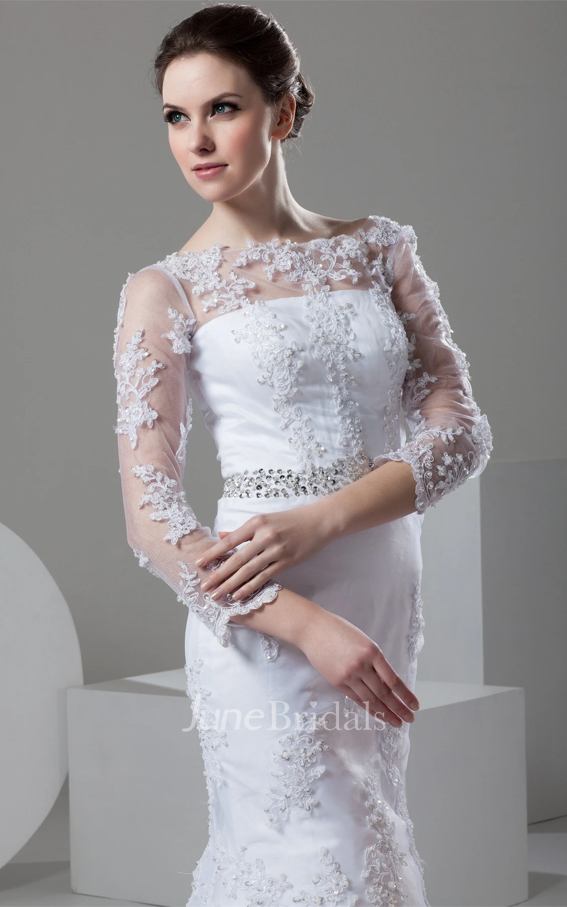 Bateau-Neck Long-Sleeve Mermaid Lace Dress with Illusion