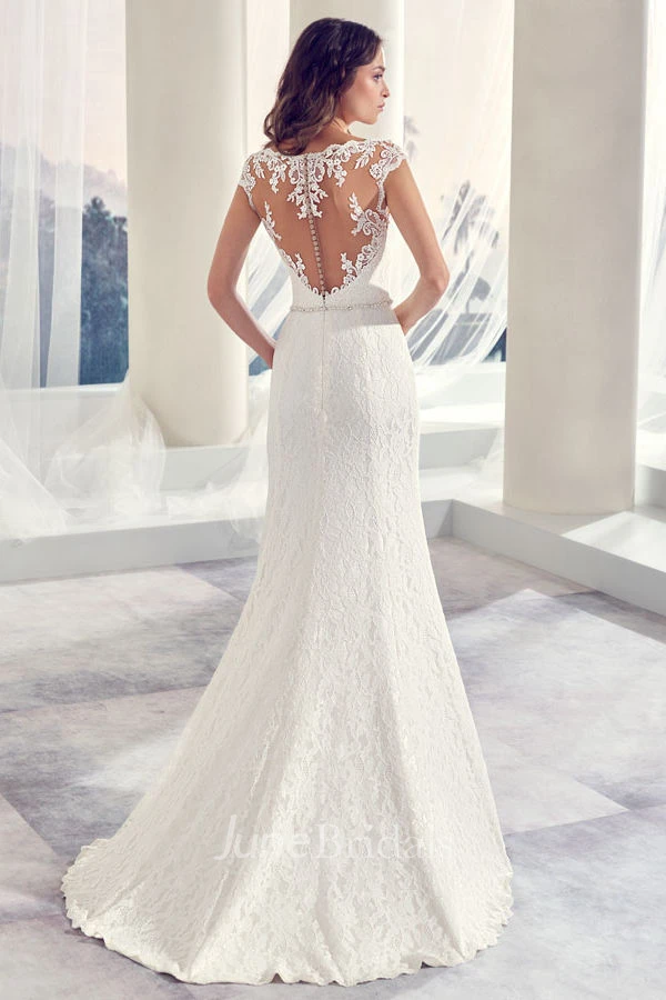 Floor-Length Square Split-Front Jeweled Lace Wedding Dress