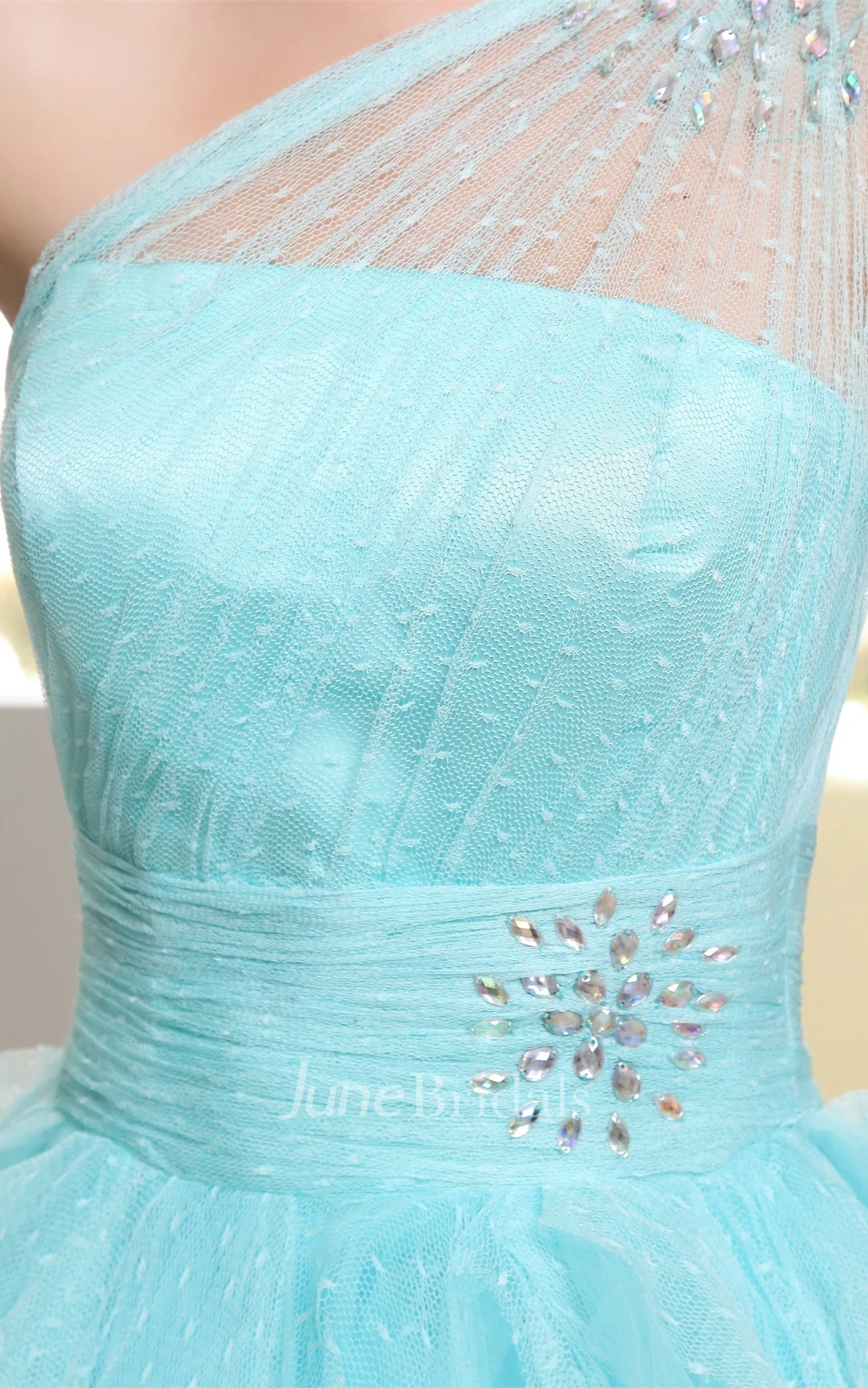 One-Shoulder Ruffled Tulle Mini Dress with Beading Illusion Neckline