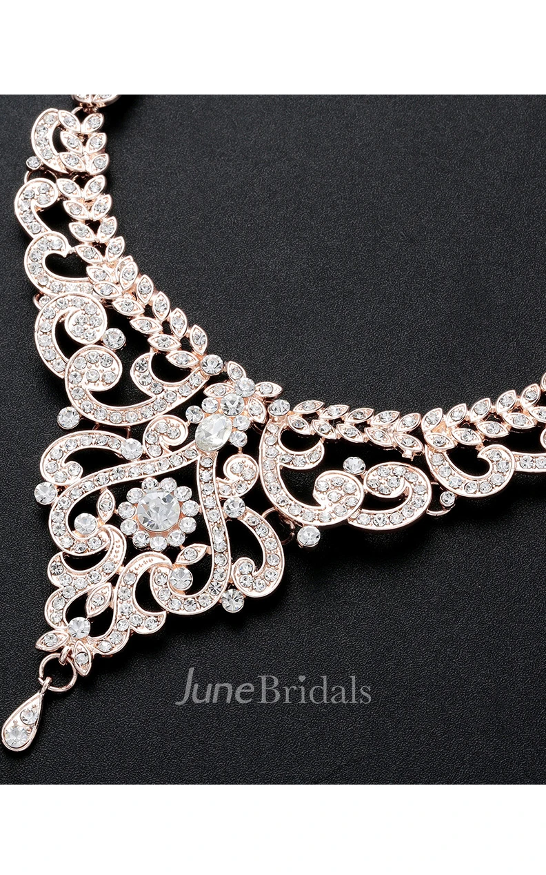 Trendy Rose Gold Rhinestone Necklace and Earrings Jewelry Set