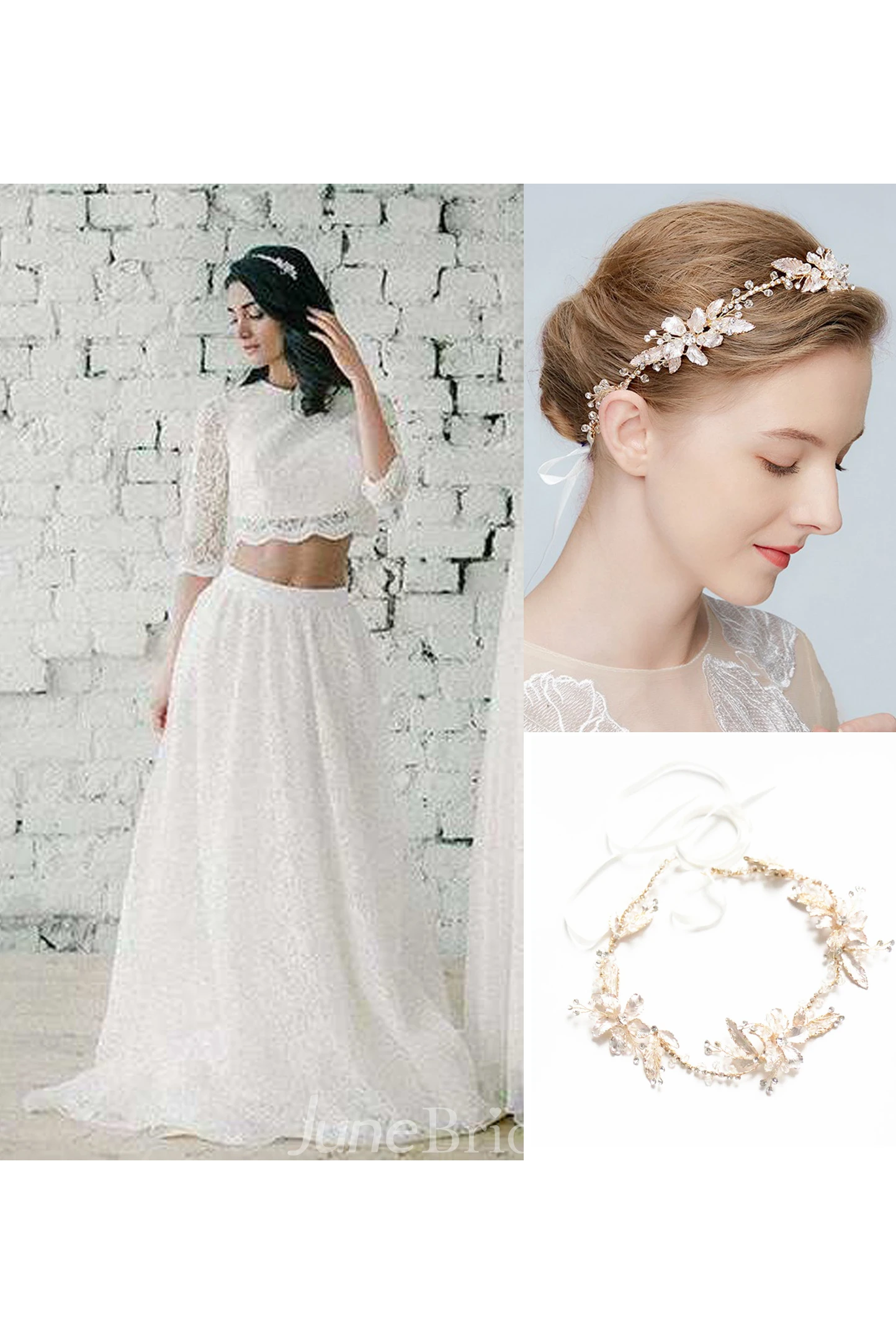 Jewel-Neck Lace 3-4-Sleeve Two-Piece A-Line Wedding Dress and Handmade Flowers Leaves Vine Rhinestones Crystal Soft Band