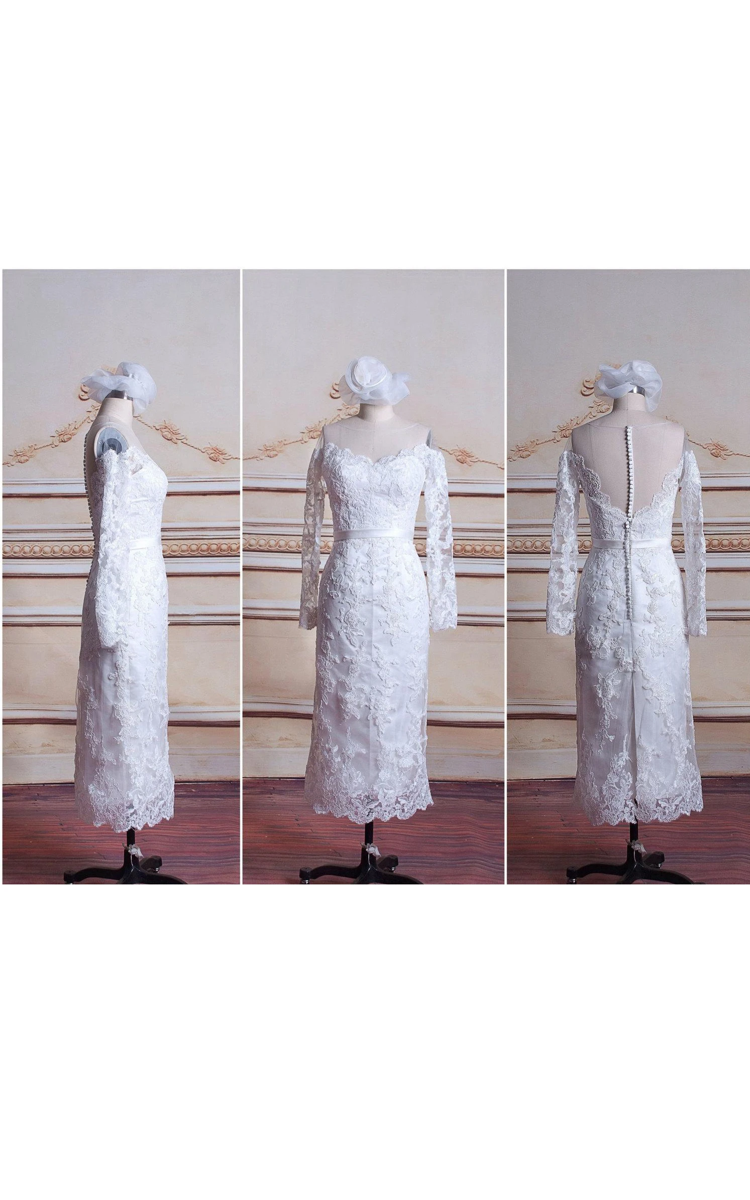 Mini Long Sleeve Tulle Lace Satin Weddig Dress