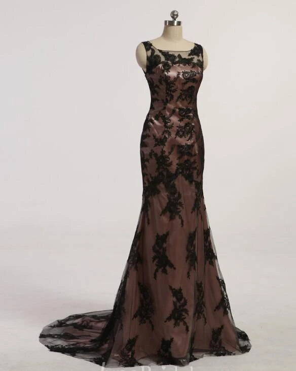 New Black Mermaid Prom Dress Scoop Sleeve Beaded Lace Evening Dresses With Beaded Crystal Applique