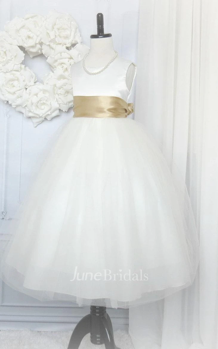 First Communion Sleeveless Jewel Neck Tulle Flower Girl Dress