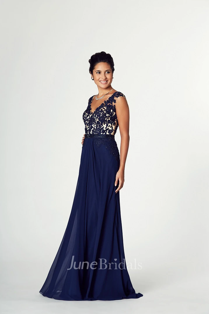 Appliqued V-Neck Cap Sleeve Jersey Prom Dress