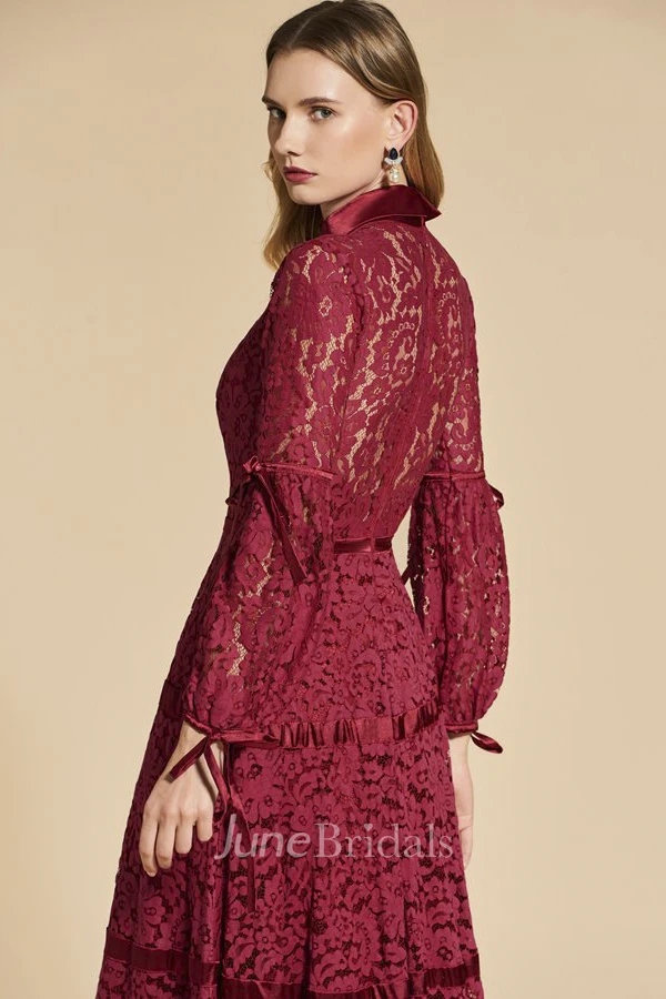 3/4 Sleeve Vintage Lace High Neck Sheath Dress With Bows Appliqued