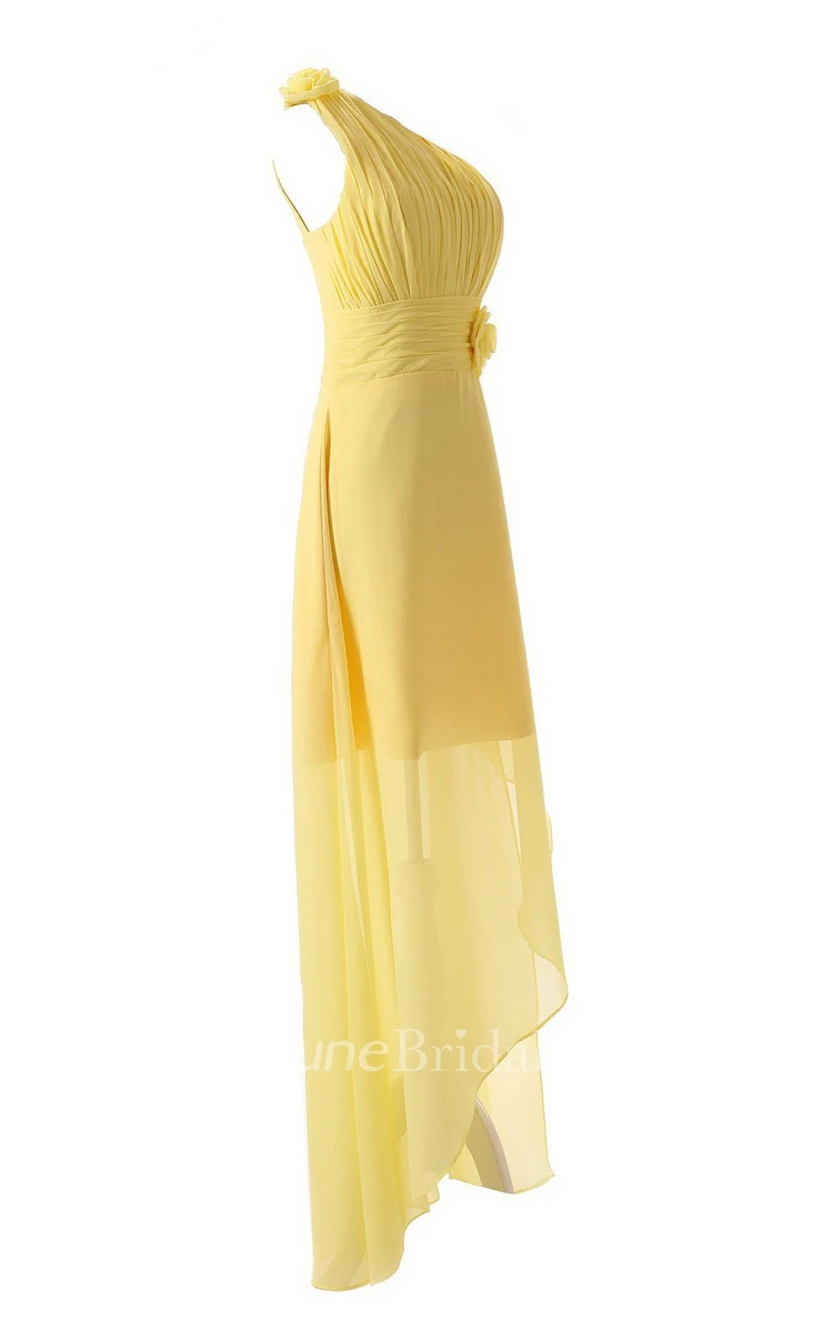 Asymmetrical One-shoulder Pleated Chiffon A-line Dress With Flowers