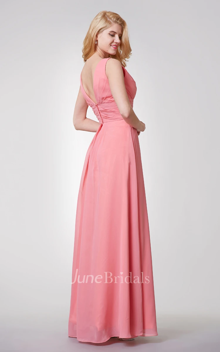 V-neck Empire Long Chiffon Bridesmaid Dress with Sexy back