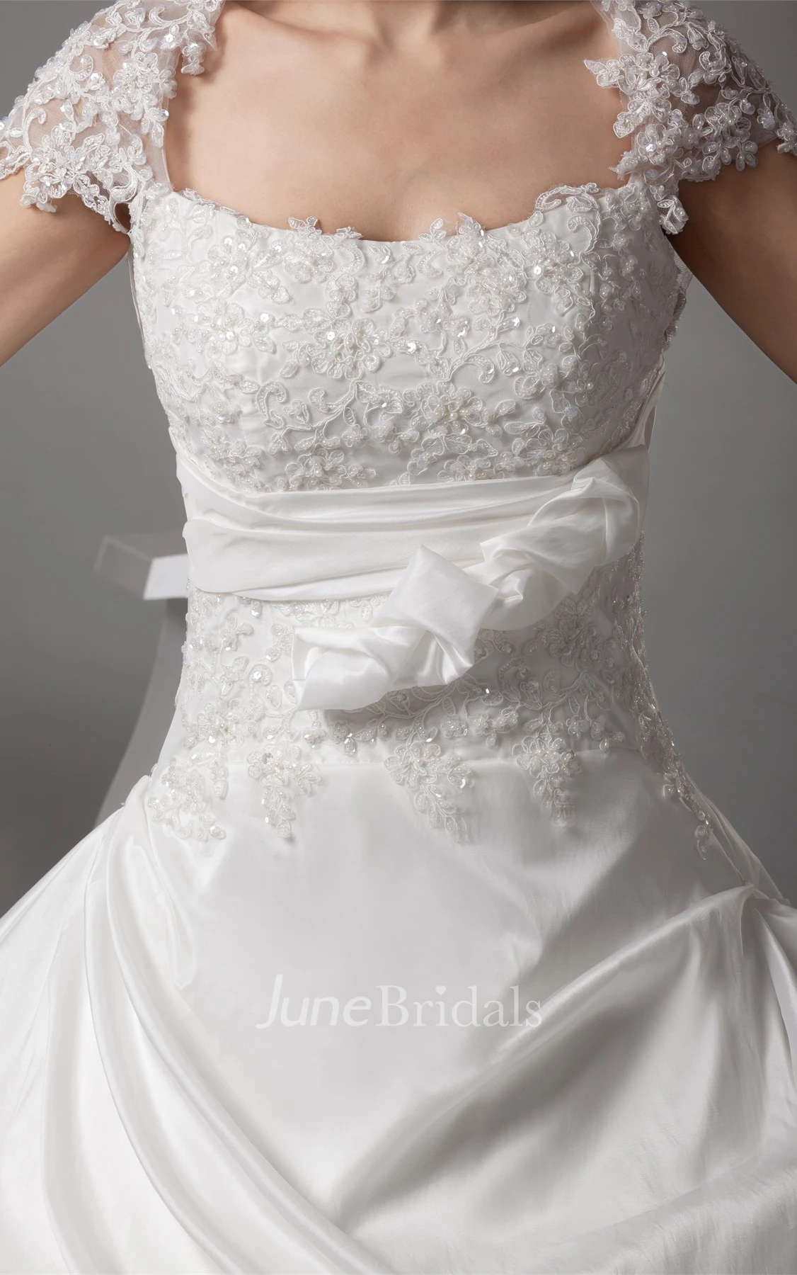 Caped-Sleeve Appliqued Pick-Up Gown with Flower and Ruching