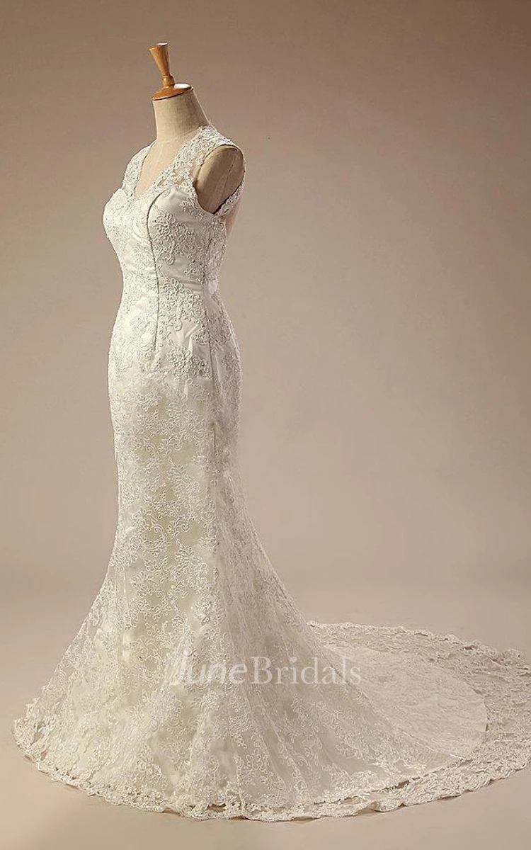 V-Neck Sleeveless Sheath Satin Wedding Dress With Appliques And Keyhole Back