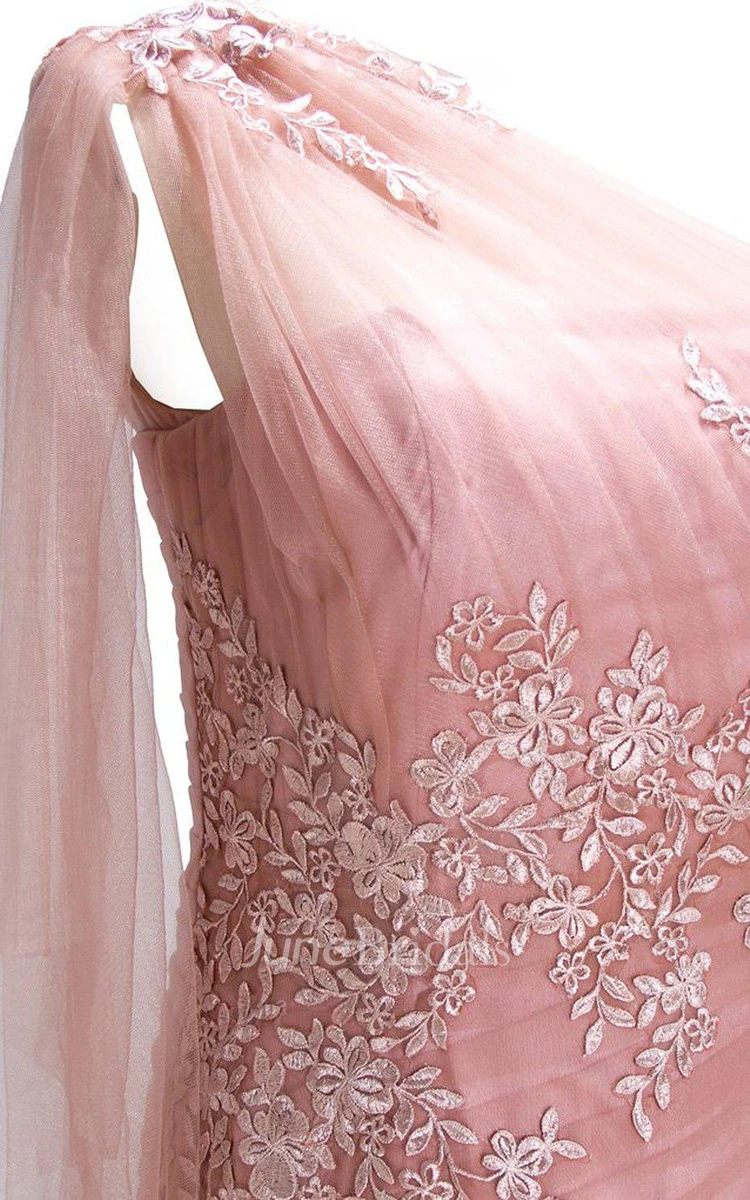 One-shoulder Dress With Draped Waistline and Appliques