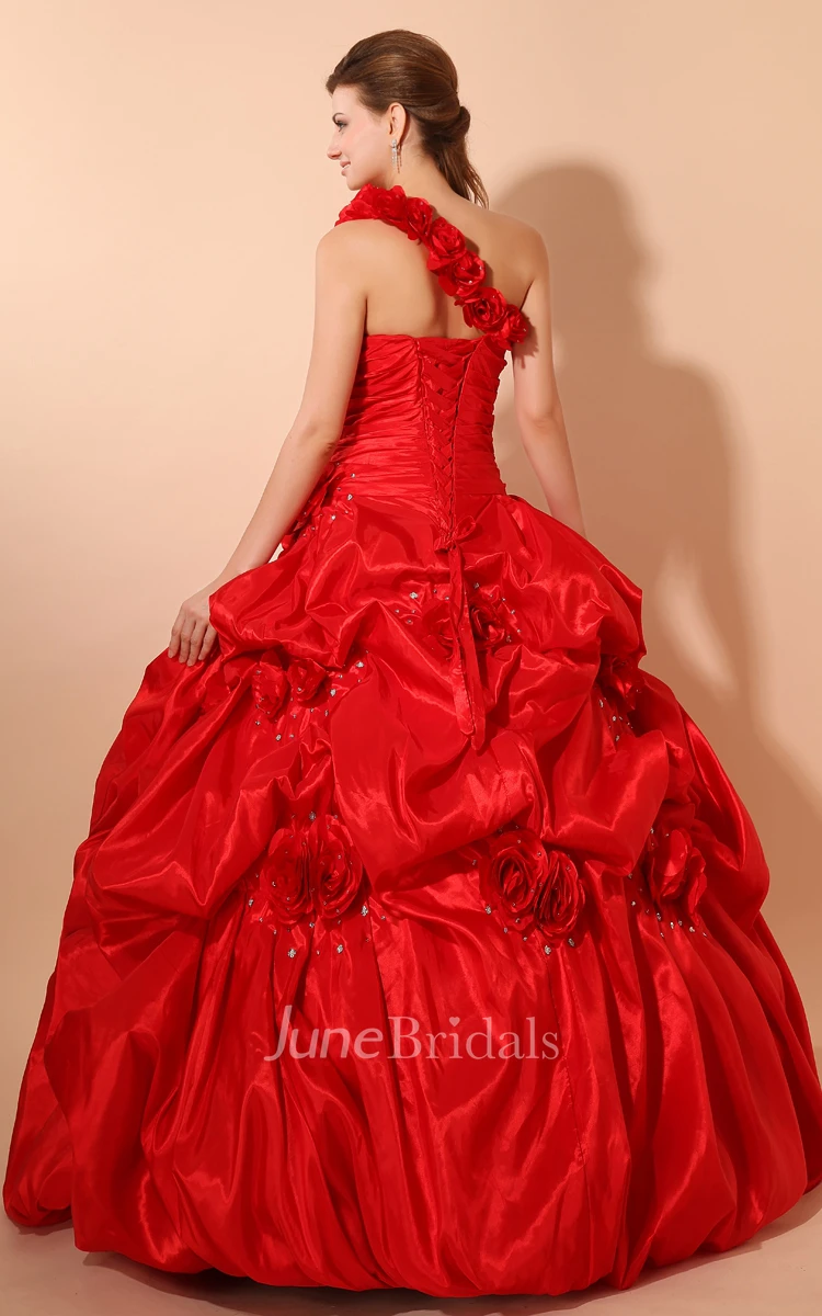 Flamboyant A-Line Sweetheart Sleeveless Ball Gown With Pick-Up Ruffles And Flower