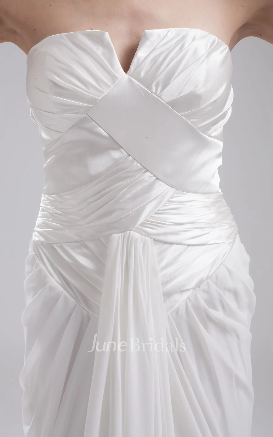 Strapless Notched Pleated Dress With Ruching and Brush Train
