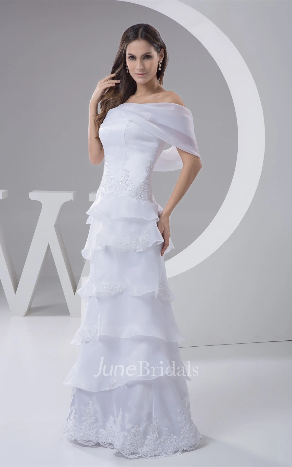 One-Shoulder Sheath Maxi Lace Dress with Tiers and Flower