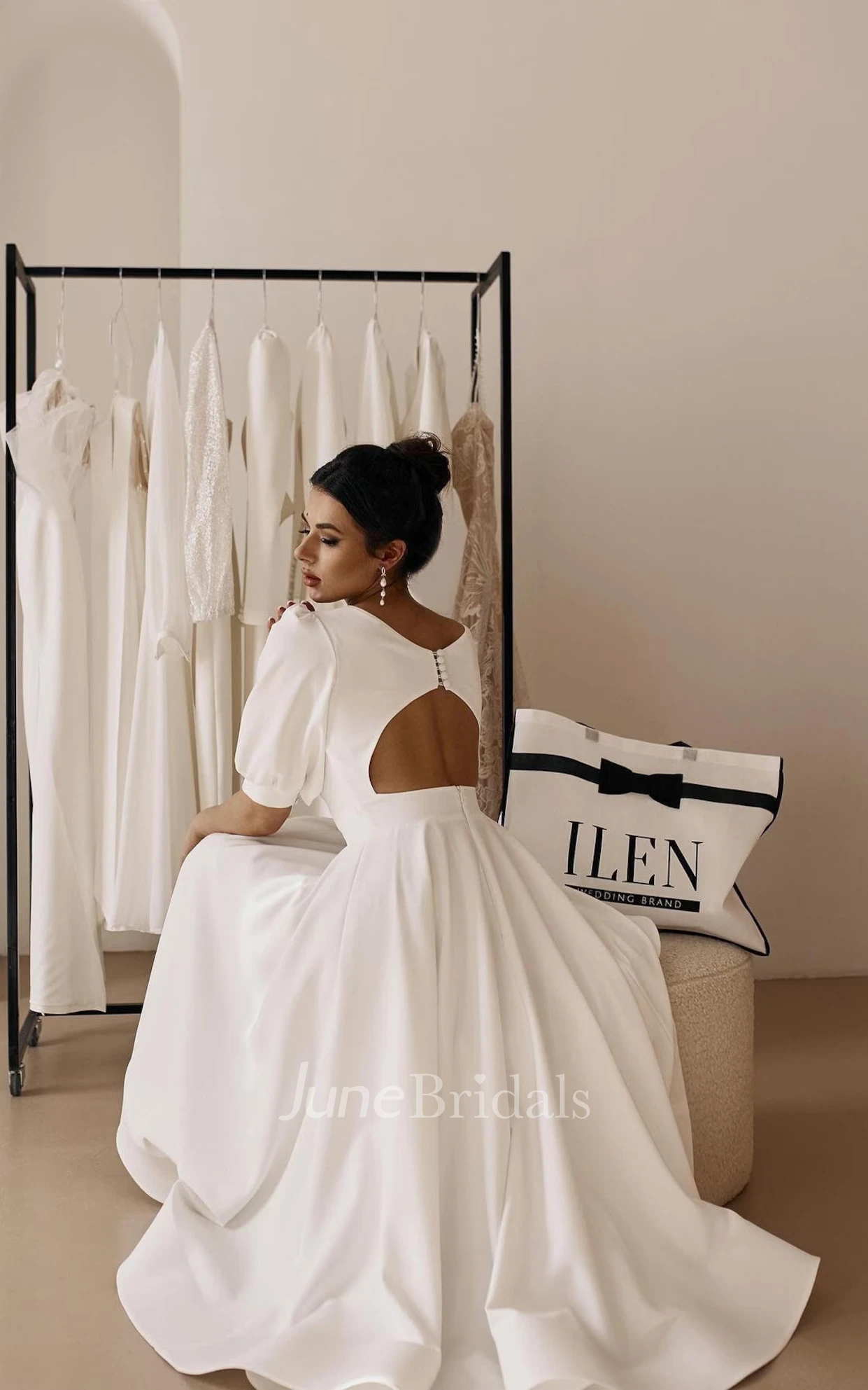 Modern Minimalist Tea Length Wedding Dress Civil A-Line Puff Sleeves Second Dress