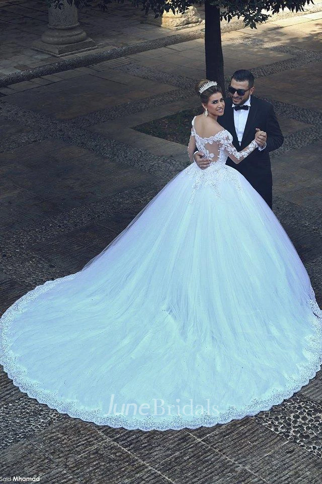 Gorgeous Long Sleeve Lace Ball Gown Wedding Dress With Train on Sale