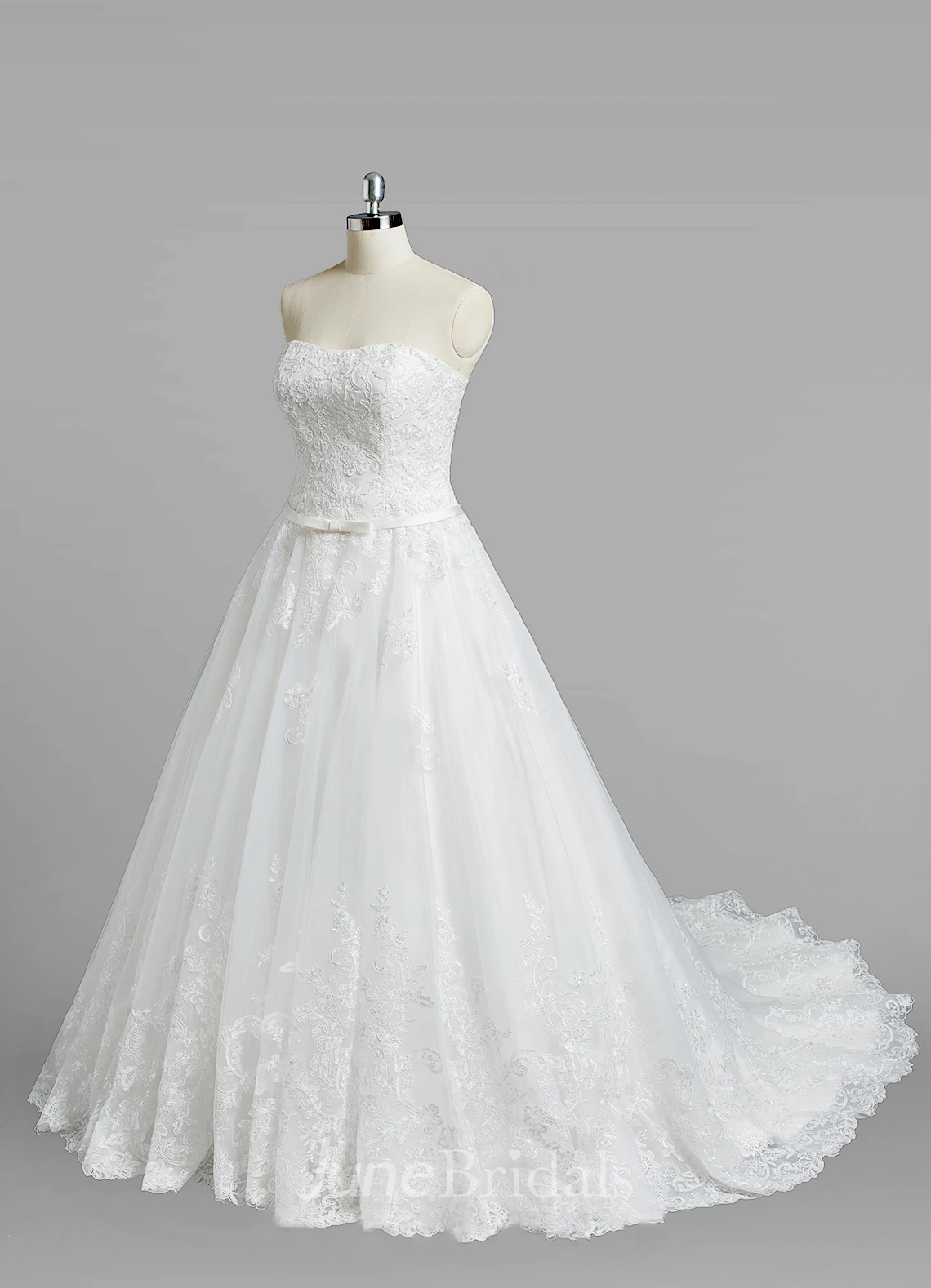 Strapless A-Line Lace Wedding Dress With Satin Belt