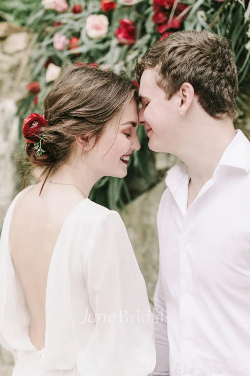 Puffy Long Sleeve Greek Sexy Backless Chiffon Beach Bridal Gown