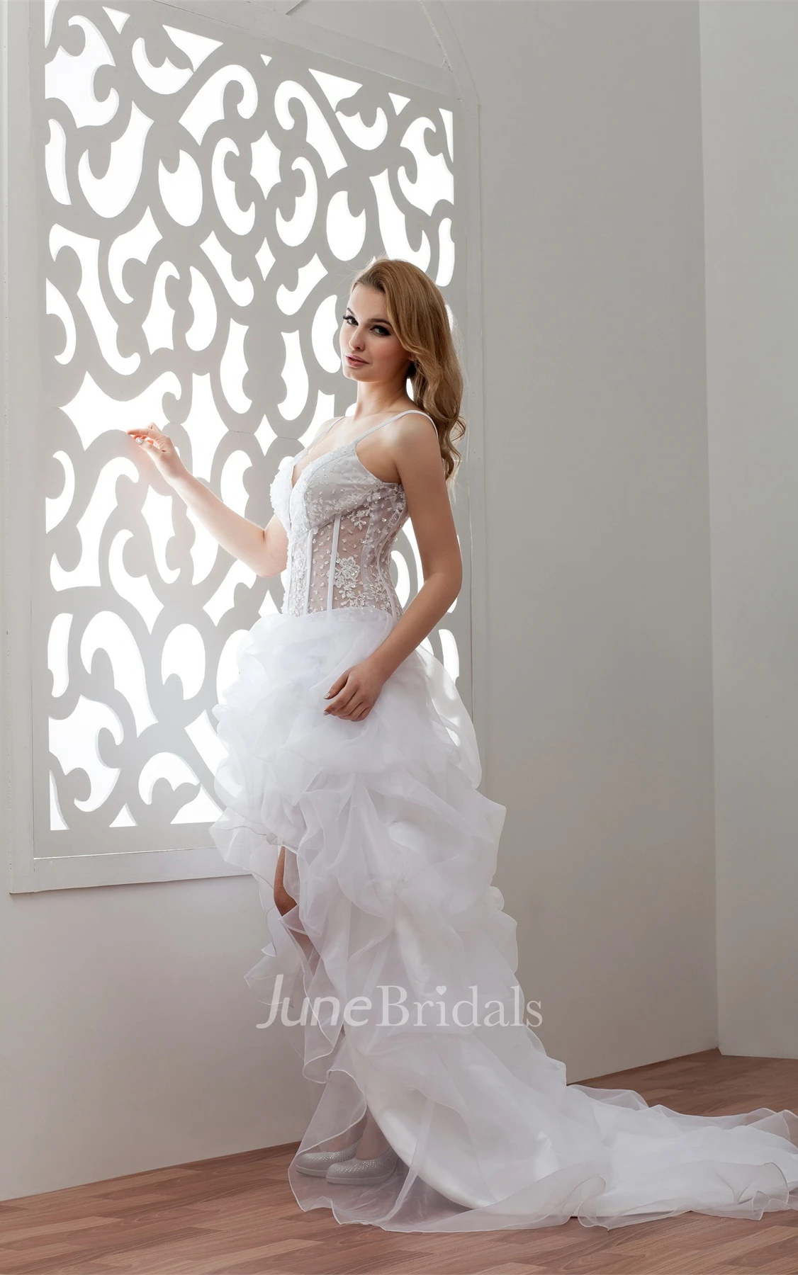 Plunged Spaghetti-Strap Front-Split Dress with Appliques and Illusion Waist