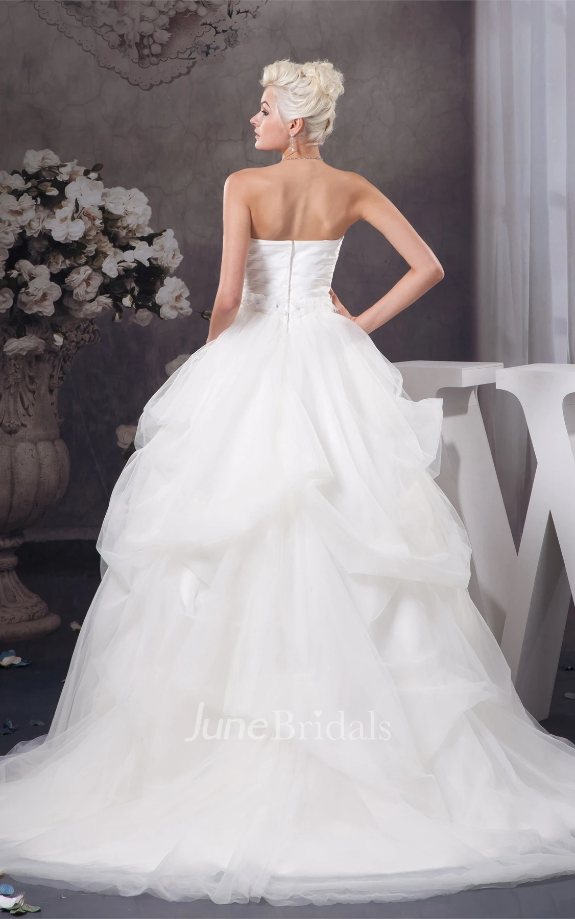Sweetheart Criss-Cross Tulle Gown with Pick Up and Floral Waist