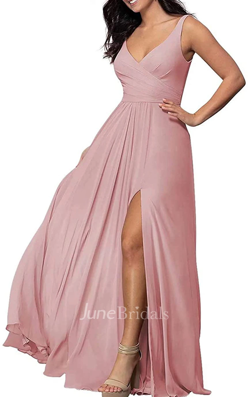 Sexy A Line V-neck Chiffon Sleeveless Bridesmaid Dress