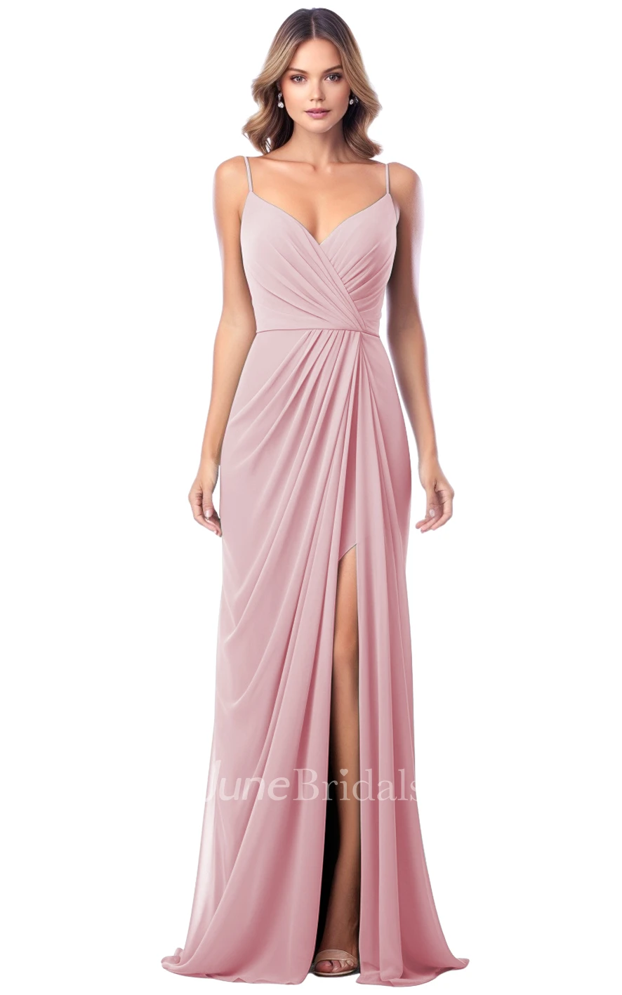 Simple A-Line Spaghetti V-neck Satin Bridesmaid Dress with Split Front