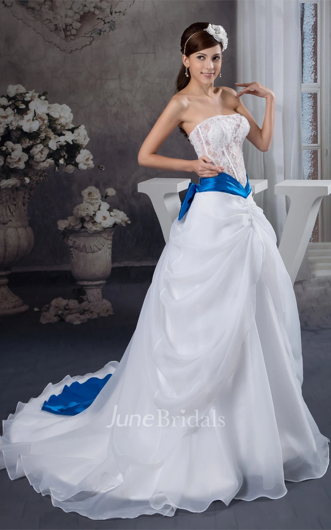 Strapless Lace A-Line Gown with Bow and Central Draping
