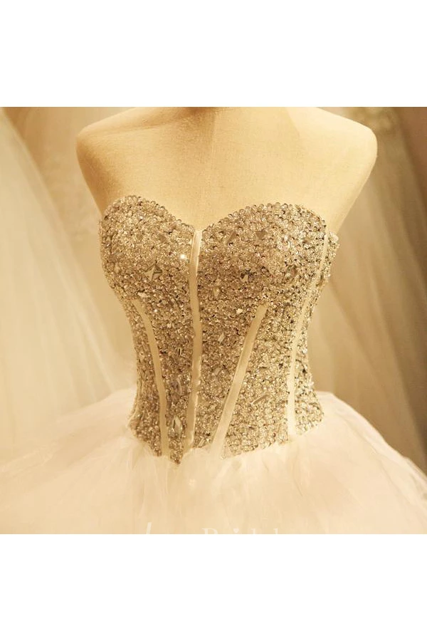 Newest Crystals Ruffles Wedding Dress Sweetheart Sleeveless Lace-up