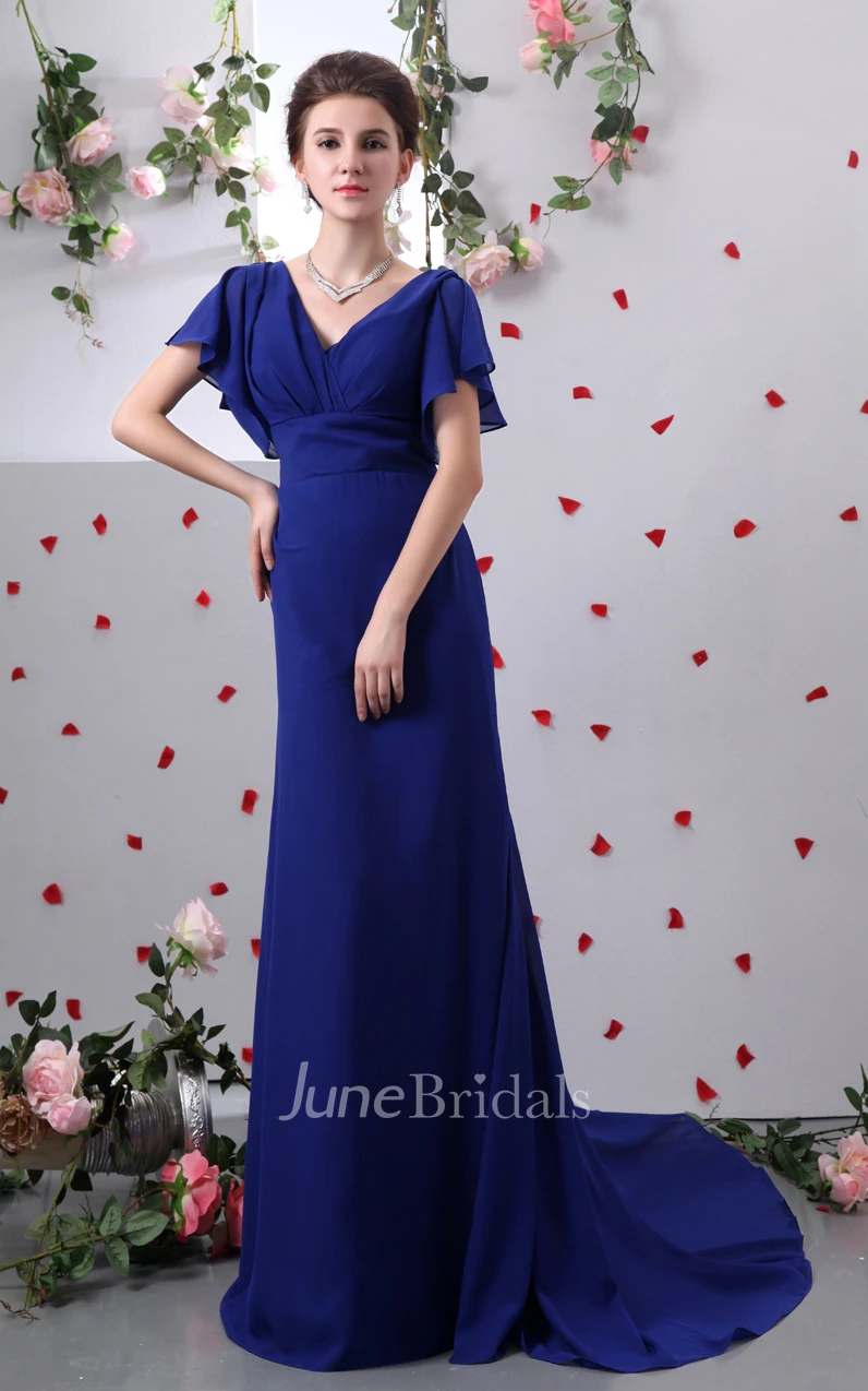 V-Neck Sleeve Caped Pleated Column Dress With Brush Train