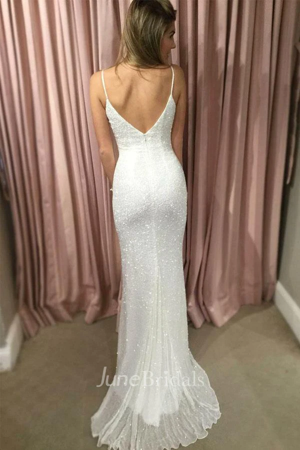 Sheath Spaghetti Straps Sweep Train White Sequined Prom Party Dress