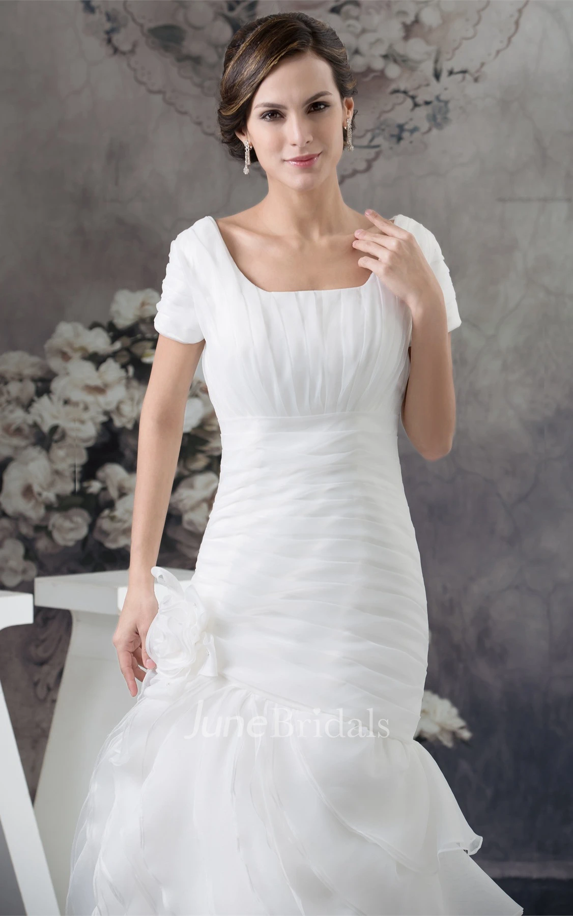 Square-Neck Short-Sleeve Ruched Gown with Flower and Tiers