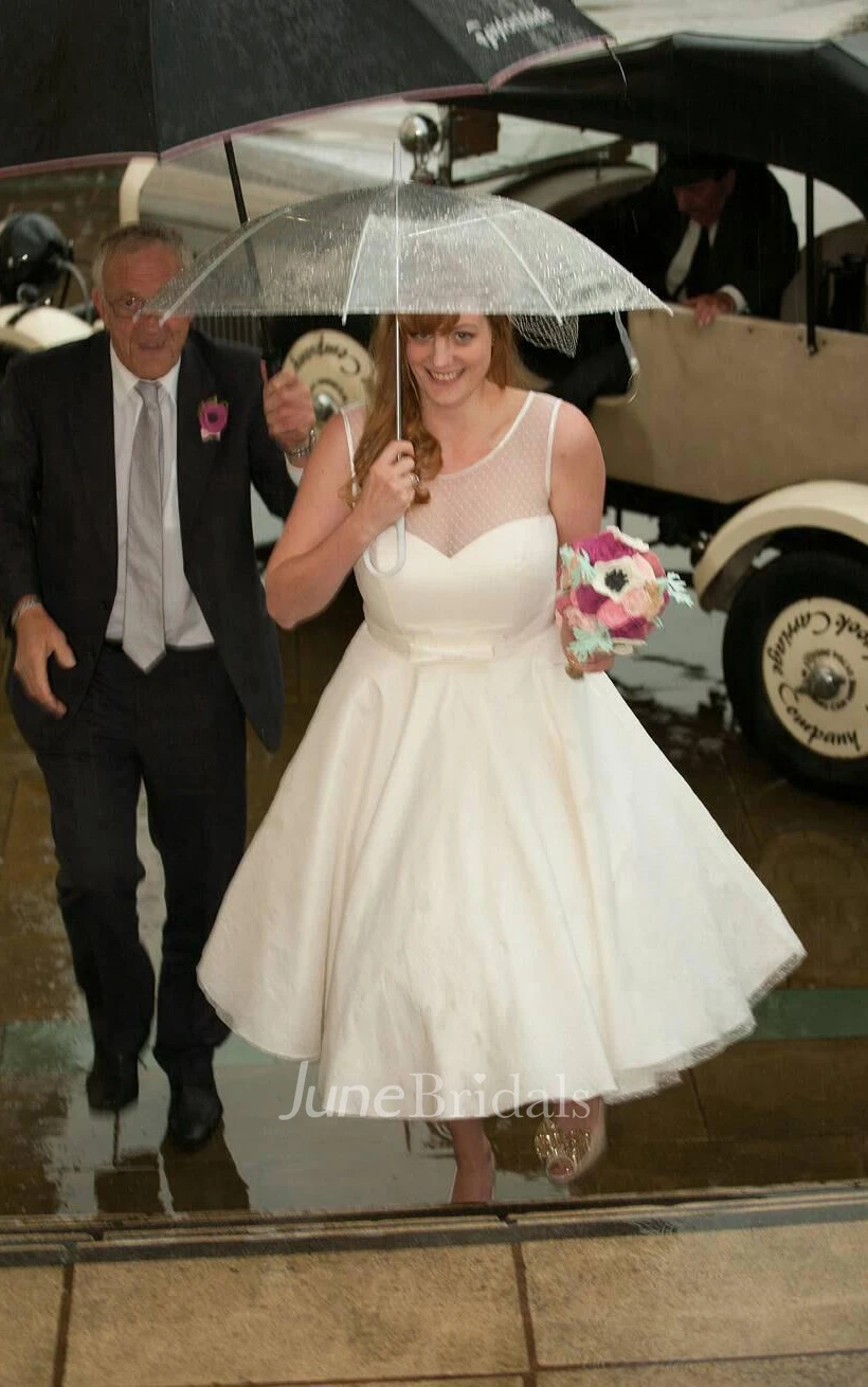 Cute Dotted Tea-Length A-Line Wedding Dress With Illusion Neckline