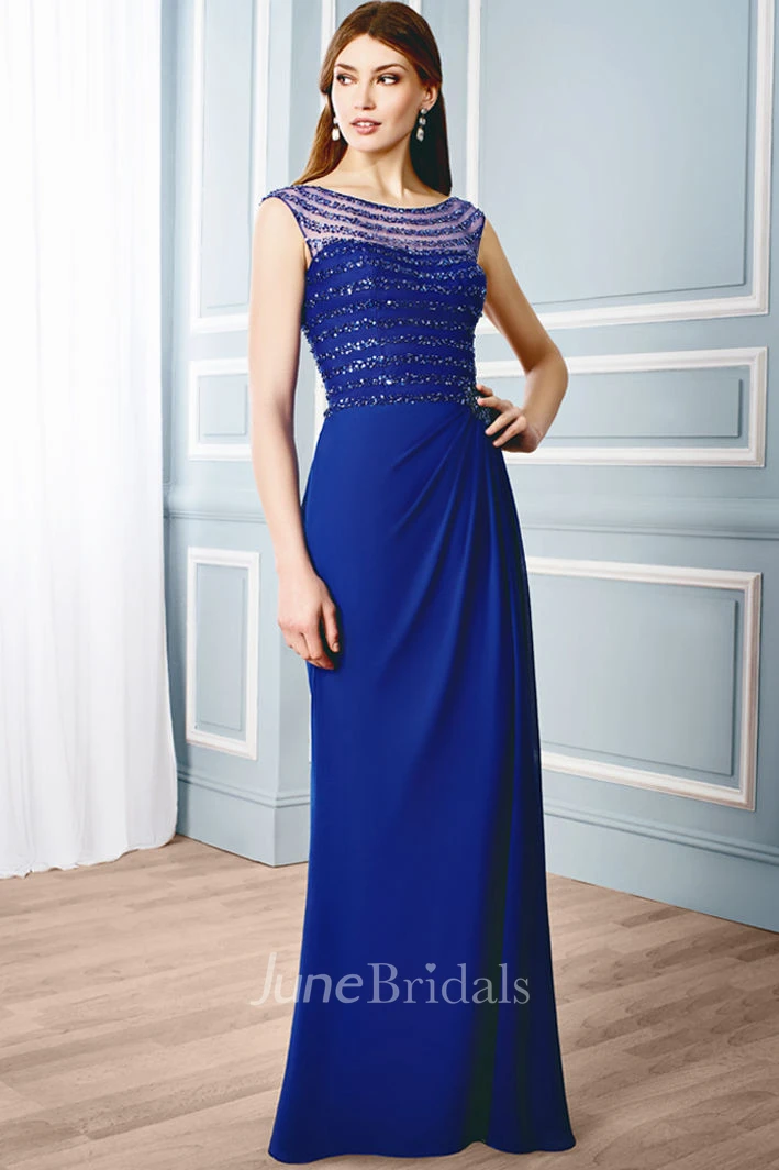 Side-Draped Illusion Back Formal Rhinestone Bateau-Neck Sheath Chiffon Gown