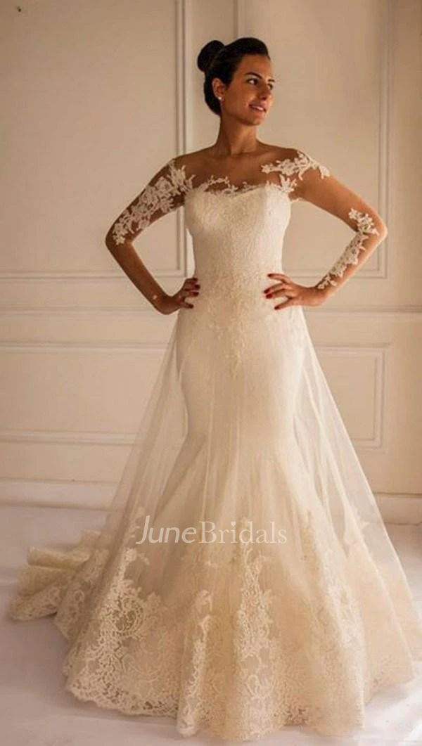 Chic Lace Appliques Mermaid Tulle Wedding Dress Court Train