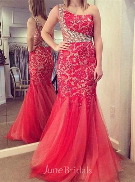 Glamorous One Shoulder Crystals Lace Evening Dress Mermaid Sweep Train