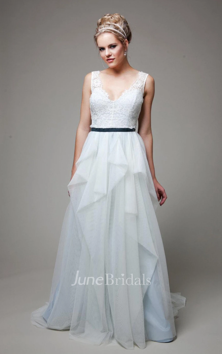 V-Neck Sleeveless Low-V Back Long Tulle Wedding Dress With Sash And Ruffles