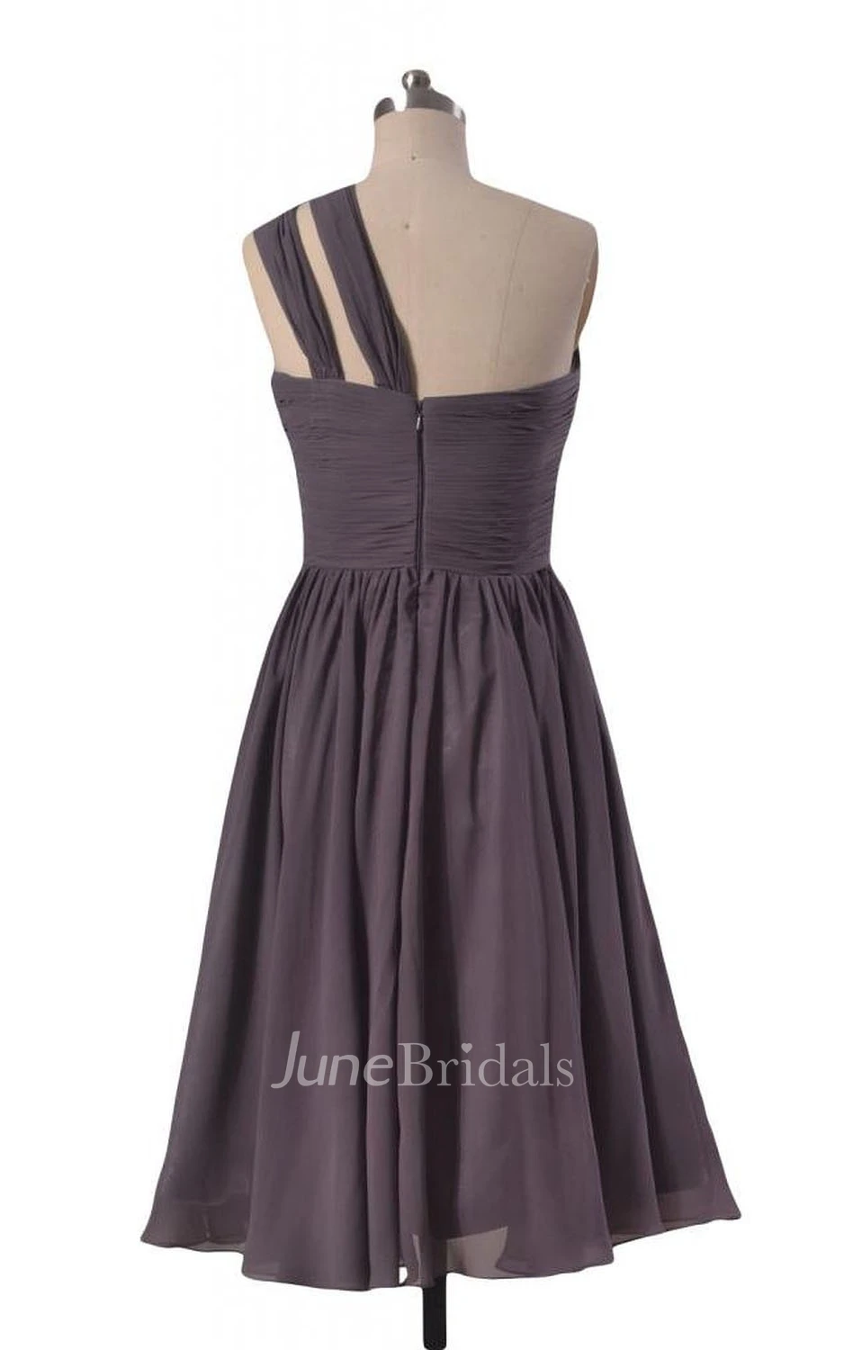 One-shoulder Ruched Bodice Knee-length Pleated Chiffon Dress