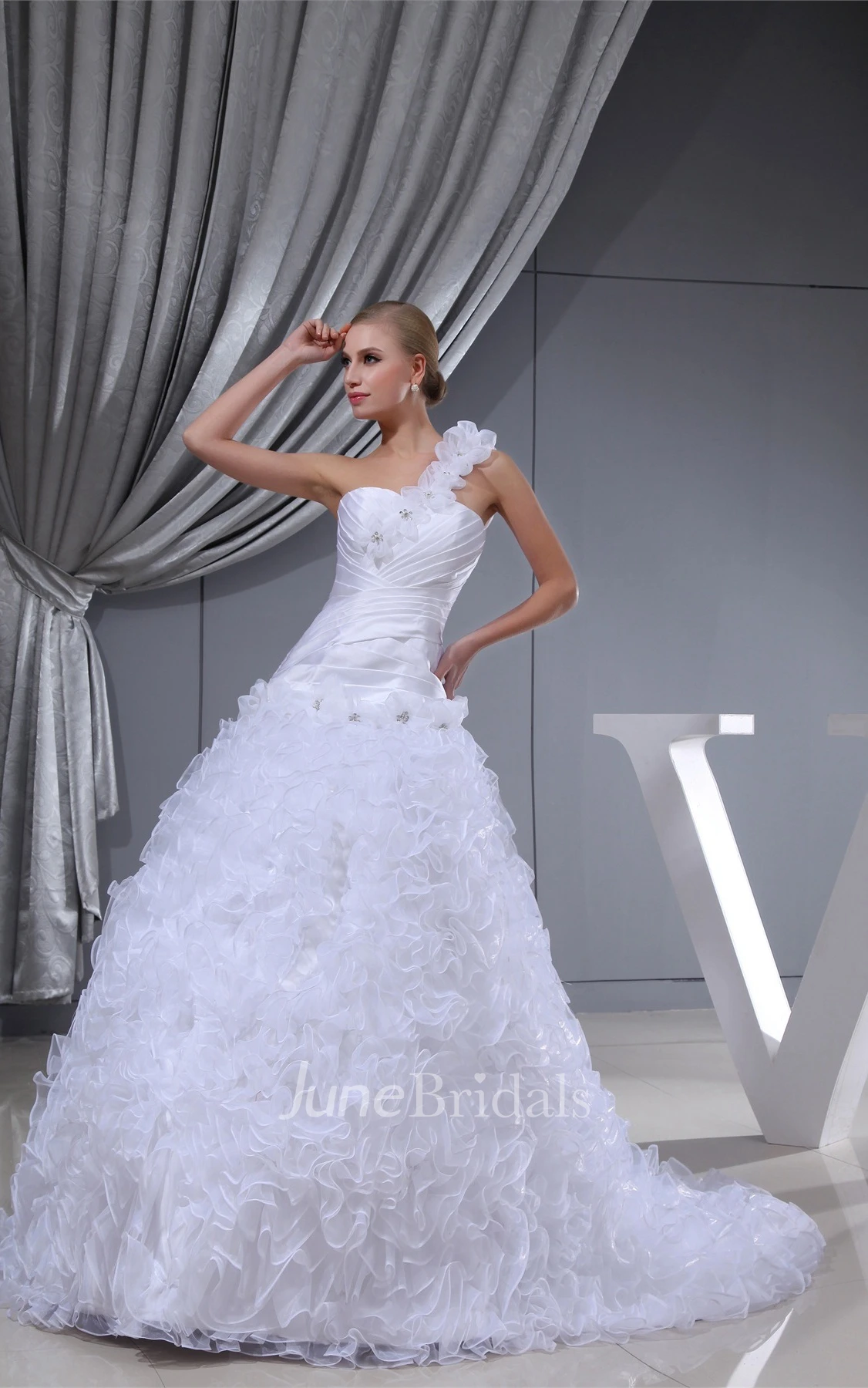 Sleeveless Ruched Ball Gown with Ruffles and Floral Strap