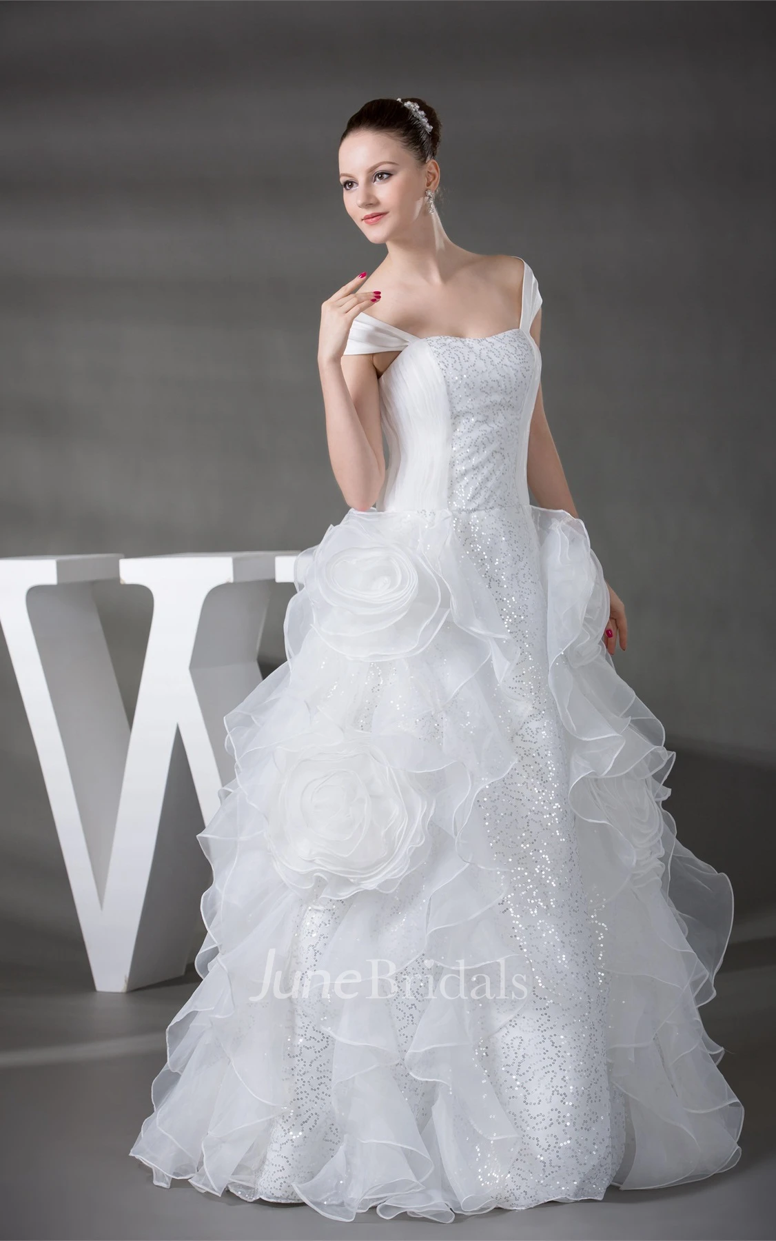 Caped-Sleeve Ruffled Ball Gown with Sequins and Flower