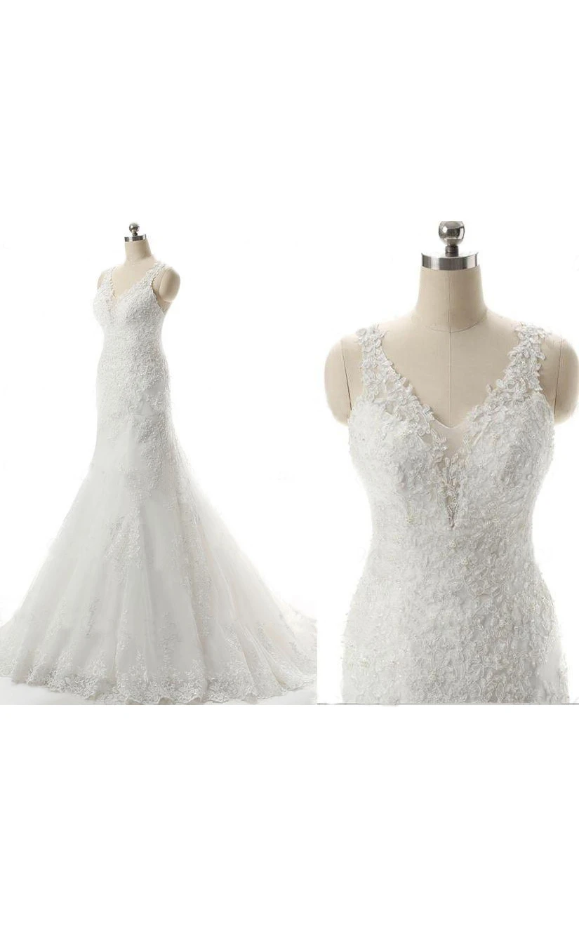 Mermaid V-Neck Tulle Lace Weddig Dress With Beading