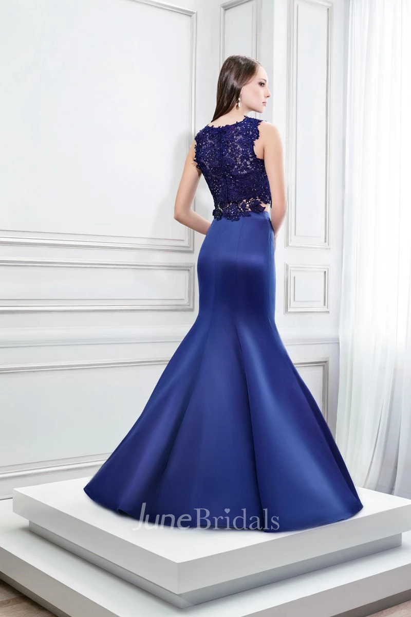 Mermaid Sleeveless Jewel Neck Appliqued Satin Prom Dress