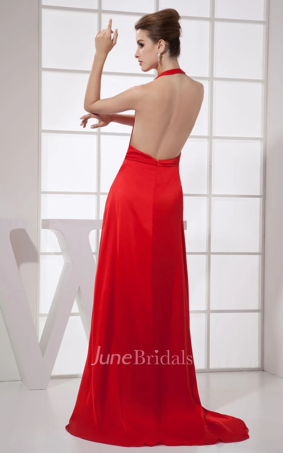 Flamboyant Satin Long Dress With Halter and Backless Design