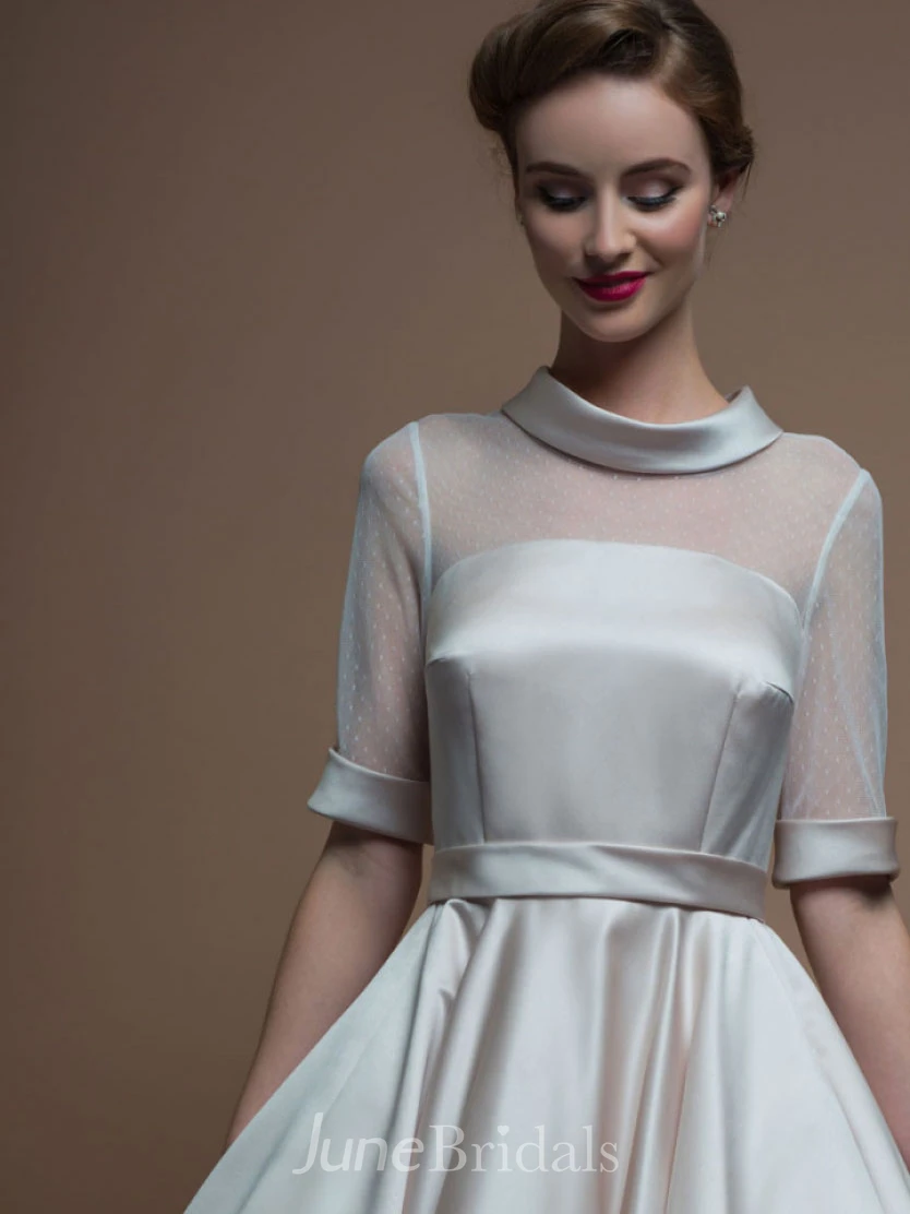 A-Line Tea-Length High Neck Sleeveless Satin Wedding Dress With Illusion