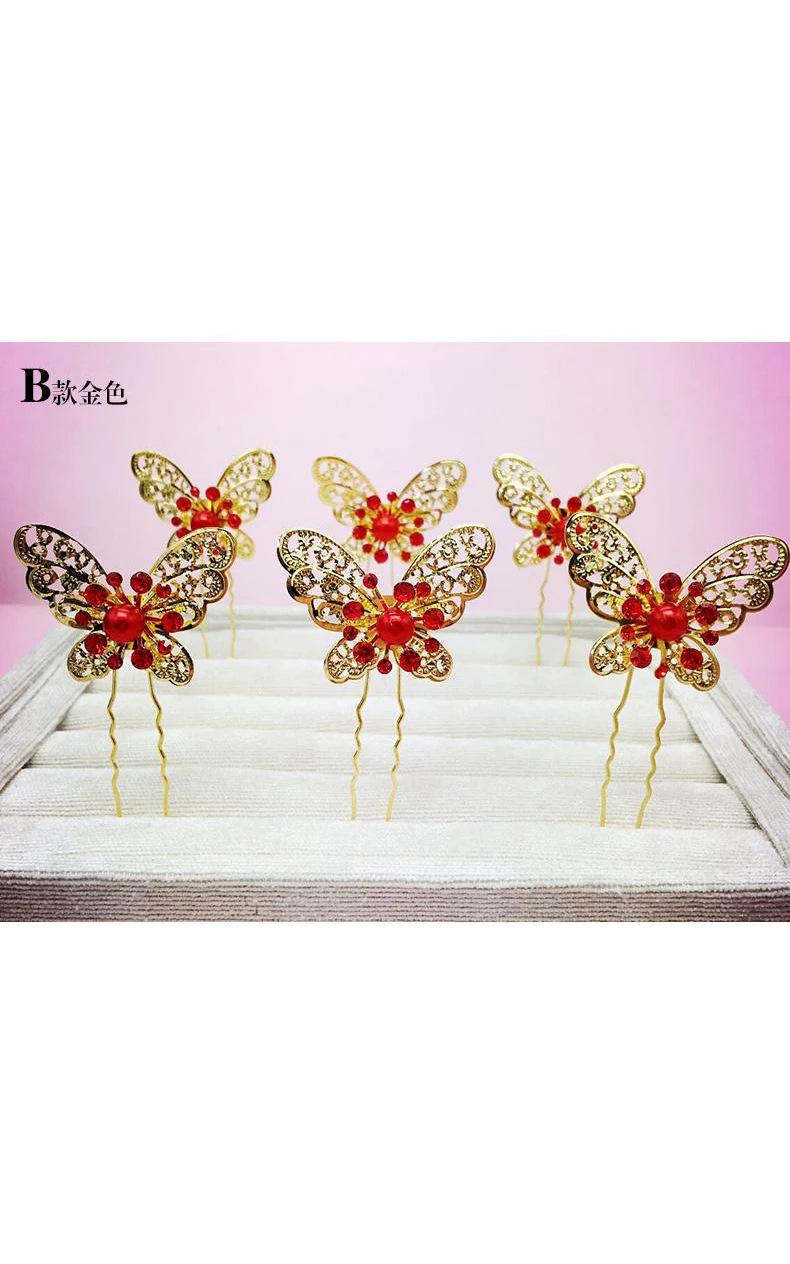 Bride Red Headdress Hair Ornaments Chinese Cheongsam Wedding Accessories Plate Hairpin U-Shaped Clip