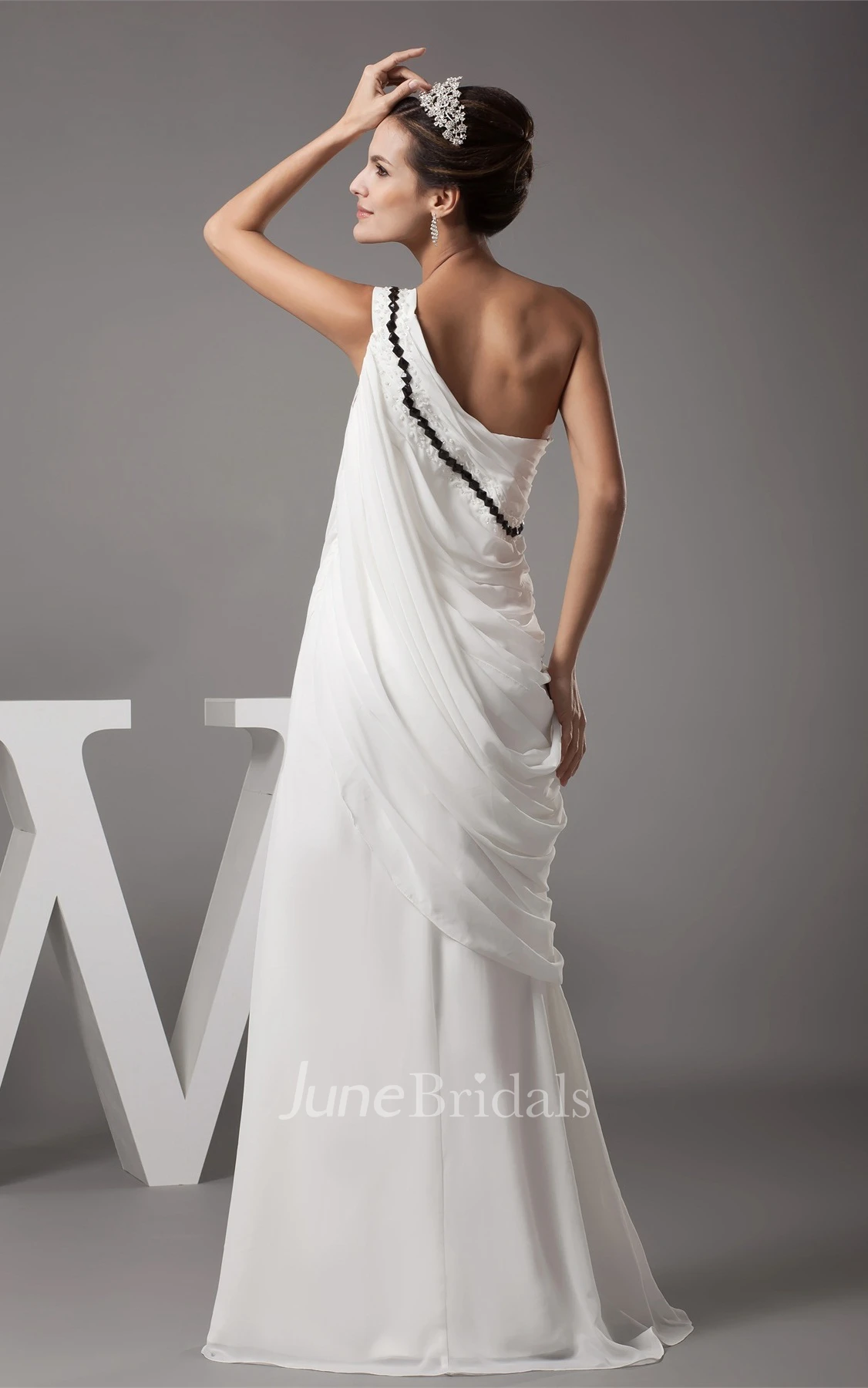 One-Shoulder Ruched A-Line Floor-Length Dress with Ruffles and Sequins