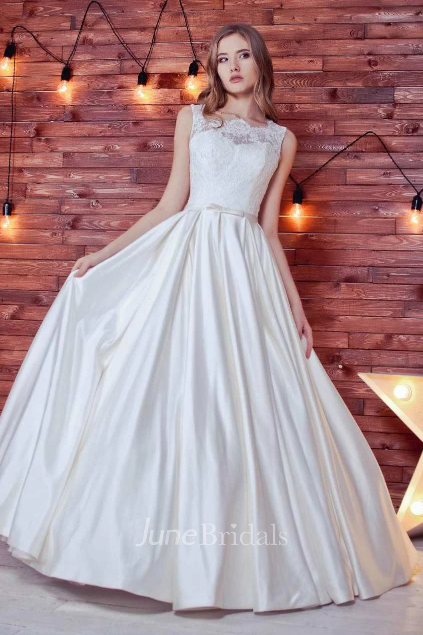 Bateau Sleeveless A-Line Satin Lace Wedding Dress With Corset Back