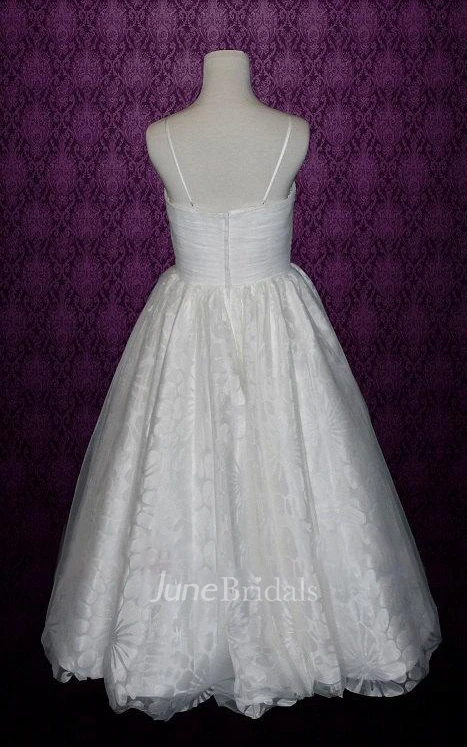 Spaghetti A-Line Tea-Lrngth Satin Wedding Dress With Ruching