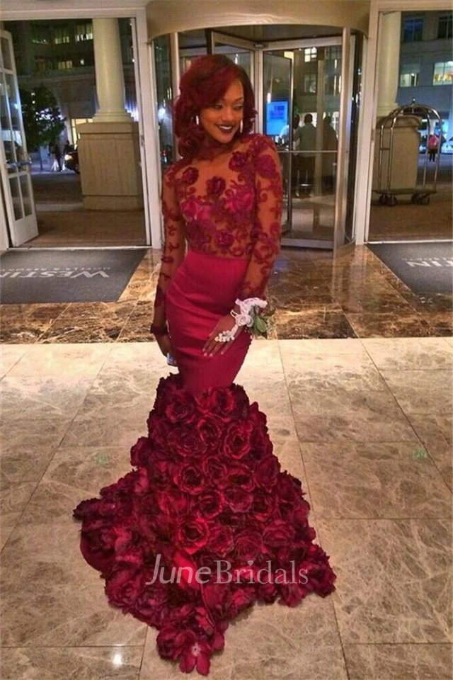 Long Sleeves Lace Prom Dress Flowers Mermaid Floor Length